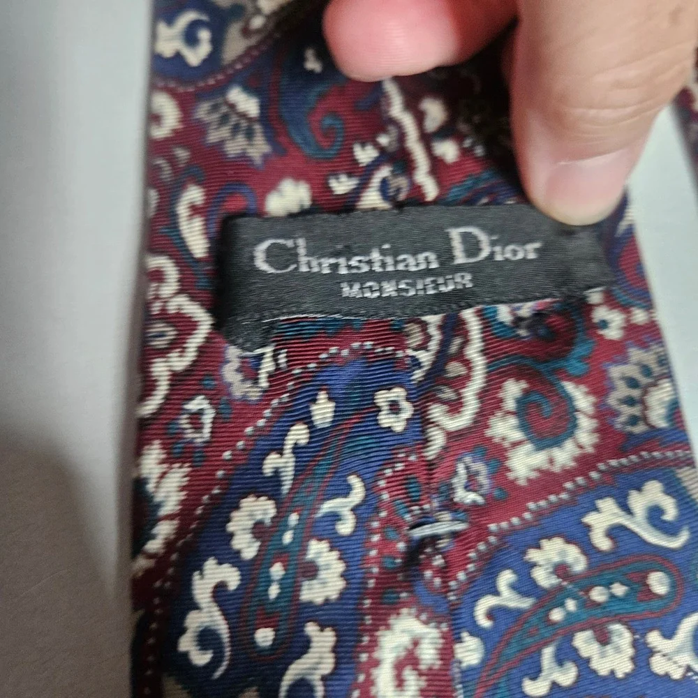 Christian Dior Monsieur‎ Silk Paisley Tie Burgundy Navy Blue Woven Italy Vintage